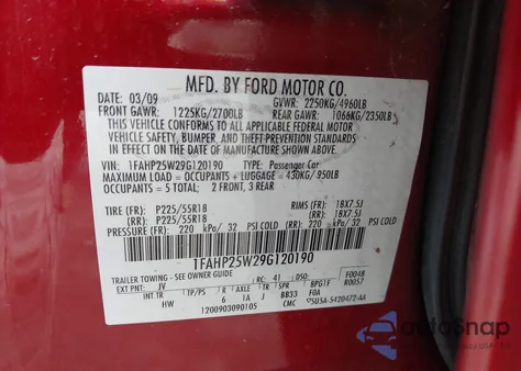 2009 Ford Taurus Limited from USA, damaged, VIN 1FAHP25W29G120190